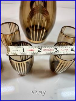 Vtg Bohemian Czech Amber Glass Decanter 8 Glasses 22K Gold Gilt Painted Set-MCM