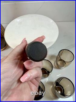 Vtg Bohemian Czech Amber Glass Decanter 8 Glasses 22K Gold Gilt Painted Set-MCM