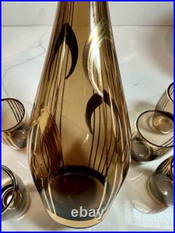 Vtg Bohemian Czech Amber Glass Decanter 8 Glasses 22K Gold Gilt Painted Set-MCM