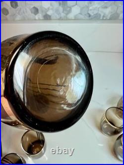 Vtg Bohemian Czech Amber Glass Decanter 8 Glasses 22K Gold Gilt Painted Set-MCM