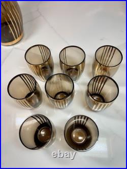 Vtg Bohemian Czech Amber Glass Decanter 8 Glasses 22K Gold Gilt Painted Set-MCM
