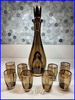 Vtg Bohemian Czech Amber Glass Decanter 8 Glasses 22K Gold Gilt Painted Set-MCM