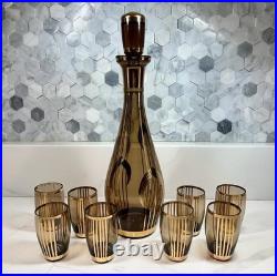 Vtg Bohemian Czech Amber Glass Decanter 8 Glasses 22K Gold Gilt Painted Set-MCM