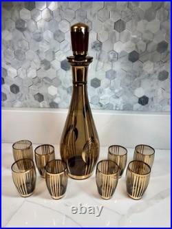 Vtg Bohemian Czech Amber Glass Decanter 8 Glasses 22K Gold Gilt Painted Set-MCM