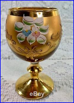 Vtg Bohemian Czech Decanter Wine Glasses 24k Gold Hand Painted Enamel 5 Set 6
