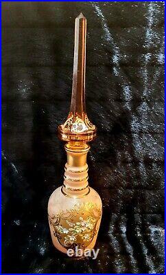 Vtg Bohemian Czech Glass Champagne Decanter Gold Enamel Paint Amber Tall 19