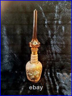 Vtg Bohemian Czech Glass Champagne Decanter Gold Enamel Paint Amber Tall 19