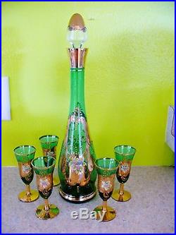 Vtg Bohemian Czech Green Art Glass Decanter Cordial Set Applied Flowers 22K Gold