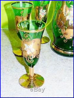 Vtg Bohemian Czech Green Art Glass Decanter Cordial Set Applied Flowers 22K Gold