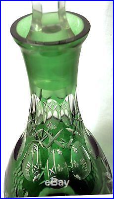 Vtg Bohemian Czech Green Cut to Clear Decanter 16-5/8 Tall Great Motif Exquisit
