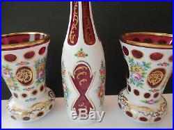 Vtg Bohemian Czech White cut to Cranberry Decanter Setwith8 Cordials and 2 Goblets