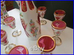 Vtg Bohemian Czech White cut to Cranberry Decanter Setwith8 Cordials and 2 Goblets