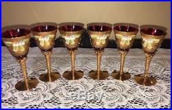 Vtg Bohemian Red Glass 7-Piece Gold & Hand Painted/Blown Floral Decanter Set