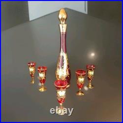 Vtg Bohemian Ruby Red Gold Hand Painted Florals Decanter Set With 5 Shot Glasses