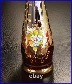 Vtg Bohemian Ruby Red Gold Hand Painted Florals Decanter Set With 5 Shot Glasses