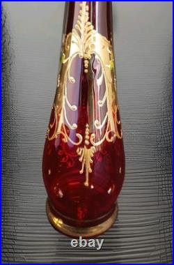 Vtg Bohemian Ruby Red Gold Hand Painted Florals Decanter Set With 5 Shot Glasses