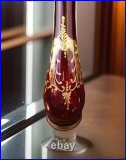 Vtg Bohemian Ruby Red Gold Hand Painted Florals Decanter Set With 5 Shot Glasses