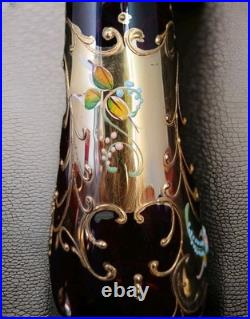 Vtg Bohemian Ruby Red Gold Hand Painted Florals Decanter Set With 5 Shot Glasses