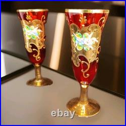 Vtg Bohemian Ruby Red Gold Hand Painted Florals Decanter Set With 5 Shot Glasses