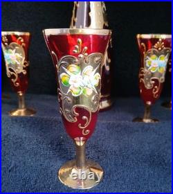 Vtg Bohemian Ruby Red Gold Hand Painted Florals Decanter Set With 5 Shot Glasses