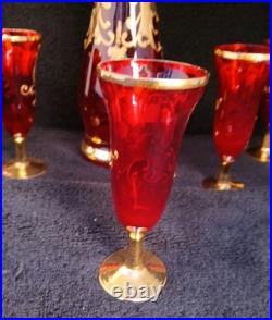 Vtg Bohemian Ruby Red Gold Hand Painted Florals Decanter Set With 5 Shot Glasses