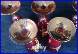 Vtg Bohemian Ruby Red Gold Hand Painted Florals Decanter Set With 5 Shot Glasses