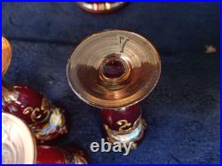 Vtg Bohemian Ruby Red Gold Hand Painted Florals Decanter Set With 5 Shot Glasses