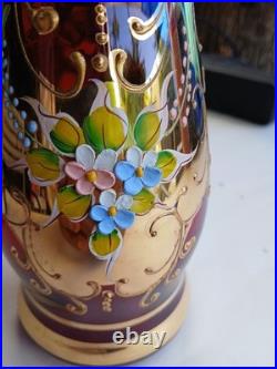 Vtg Bohemian Ruby Red Gold Hand Painted Florals Decanter Set With 5 Shot Glasses