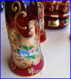 Vtg Bohemian Ruby Red Gold Hand Painted Florals Decanter Set With 5 Shot Glasses Vtg Bohemian Ruby Red Gold Hand Painted Florals Decanter Set With 5 Shot Glasses
