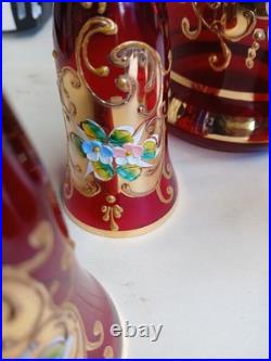 Vtg Bohemian Ruby Red Gold Hand Painted Florals Decanter Set With 5 Shot Glasses