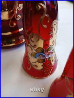 Vtg Bohemian Ruby Red Gold Hand Painted Florals Decanter Set With 5 Shot Glasses