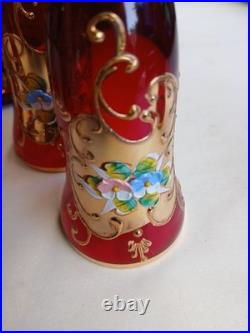 Vtg Bohemian Ruby Red Gold Hand Painted Florals Decanter Set With 5 Shot Glasses