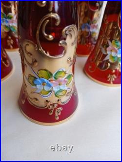 Vtg Bohemian Ruby Red Gold Hand Painted Florals Decanter Set With 5 Shot Glasses