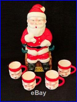 Vtg Ceramic Santa Claus Decanter Shot Glass Mugs Xmas Cheers Christmas Pitcher