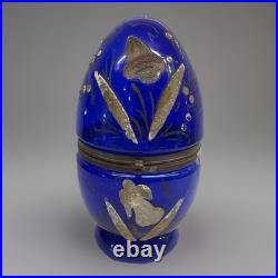 Vtg Cobalt Blue Glass 9 Egg Tantalus Decanter Shot Glass Hinged Angel & UFO