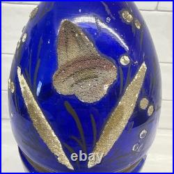 Vtg Cobalt Blue Glass 9 Egg Tantalus Decanter Shot Glass Hinged Angel & UFO