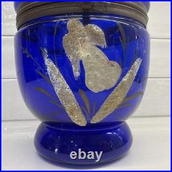 Vtg Cobalt Blue Glass 9 Egg Tantalus Decanter Shot Glass Hinged Angel & UFO
