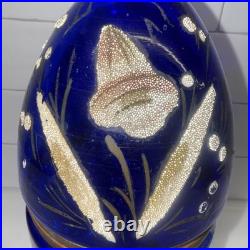 Vtg Cobalt Blue Glass 9 Egg Tantalus Decanter Shot Glass Hinged Angel & UFO
