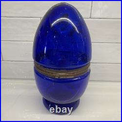 Vtg Cobalt Blue Glass 9 Egg Tantalus Decanter Shot Glass Hinged Angel & UFO
