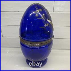 Vtg Cobalt Blue Glass 9 Egg Tantalus Decanter Shot Glass Hinged Angel & UFO