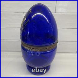 Vtg Cobalt Blue Glass 9 Egg Tantalus Decanter Shot Glass Hinged Angel & UFO