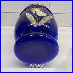 Vtg Cobalt Blue Glass 9 Egg Tantalus Decanter Shot Glass Hinged Angel & UFO