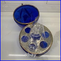 Vtg Cobalt Blue Glass 9 Egg Tantalus Decanter Shot Glass Hinged Angel & UFO