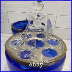 Vtg Cobalt Blue Glass 9 Egg Tantalus Decanter Shot Glass Hinged Angel & UFO