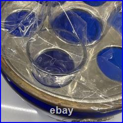 Vtg Cobalt Blue Glass 9 Egg Tantalus Decanter Shot Glass Hinged Angel & UFO
