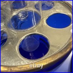 Vtg Cobalt Blue Glass 9 Egg Tantalus Decanter Shot Glass Hinged Angel & UFO