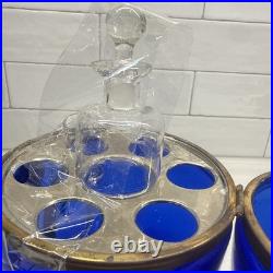 Vtg Cobalt Blue Glass 9 Egg Tantalus Decanter Shot Glass Hinged Angel & UFO