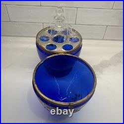Vtg Cobalt Blue Glass 9 Egg Tantalus Decanter Shot Glass Hinged Angel & UFO