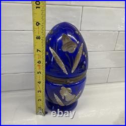 Vtg Cobalt Blue Glass 9 Egg Tantalus Decanter Shot Glass Hinged Angel & UFO