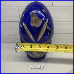 Vtg Cobalt Blue Glass 9 Egg Tantalus Decanter Shot Glass Hinged Angel & UFO
